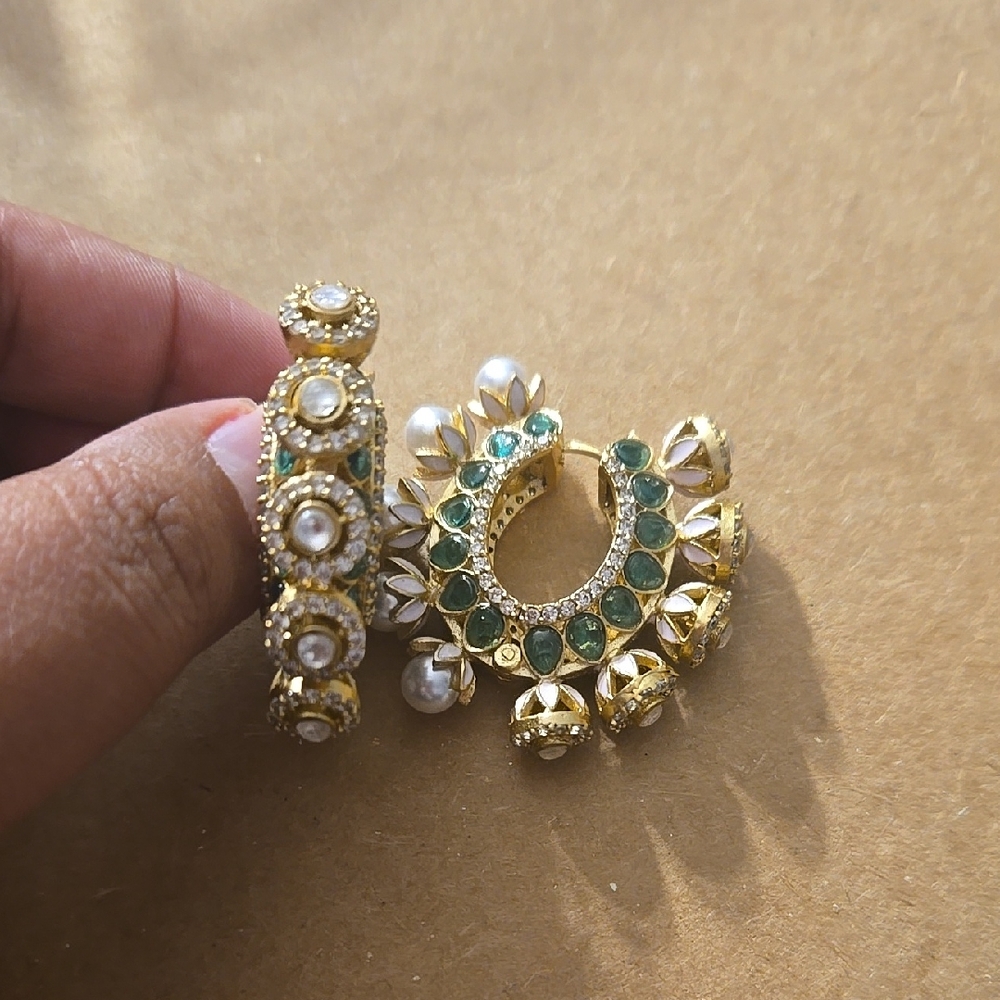 Indian Double Sided Mossanite And Pearl Hoops Green